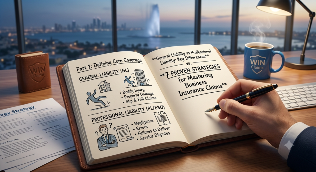 "A professional notebook open on a desk, illustrating a comparison between General Liability (GL) insurance covering bodily injury and property damage, and Professional Liability (PL/E&O) insurance covering negligence and service errors, as part of a 7-strategy guide for business insurance claims."