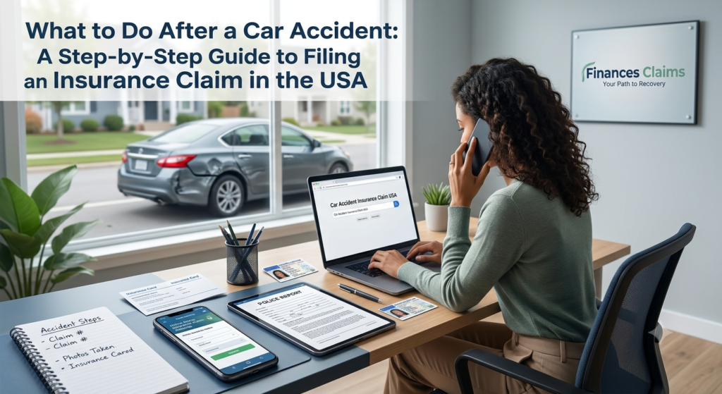 Current image: A professionally styled photograph showcasing a woman in a modern office submitting a "Car Accident Insurance Claim USA." Through the window, a damaged sedan is visible, and the desk is filled with necessary documents including a police report, insurance card, notes, and a smartphone displaying a banking app. The wall features the "Finances Claims" logo. The full title text is displayed clearly at the top.
