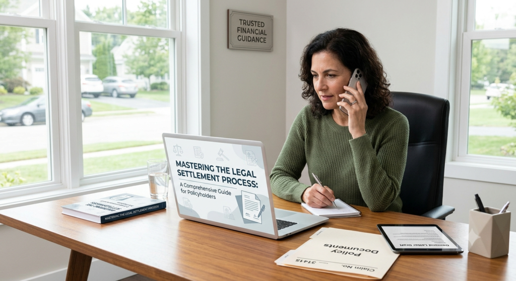 Current image: "A professional woman in a home office reviewing legal documents on a laptop and phone, with the screen displaying the title 'Mastering the Legal Settlement Process: A Comprehensive Guide for Policyholders'."