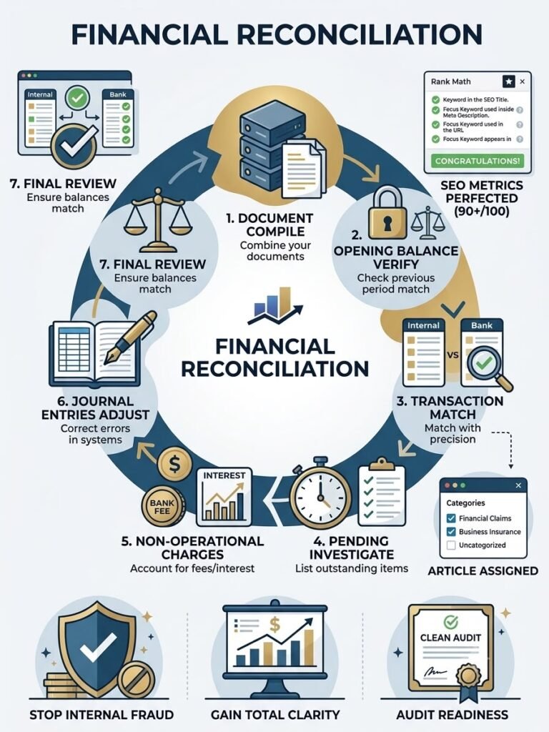 Infographic showing the 7 steps of the Financial Reconciliation process for business accounting accuracy