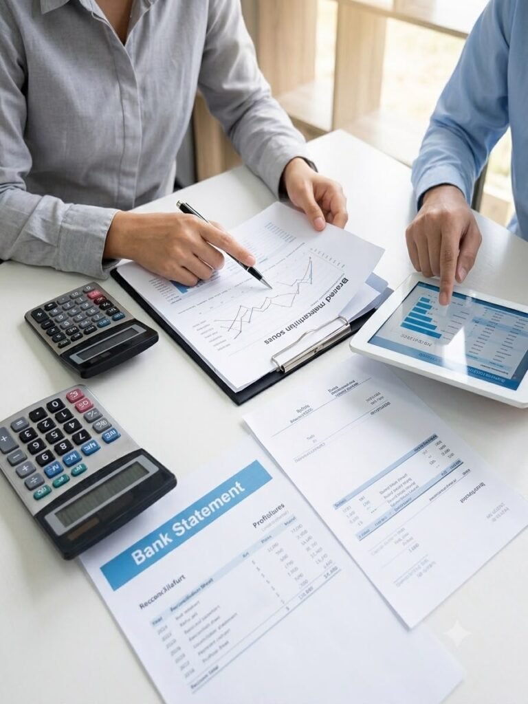 Professional hands working on financial reconciliation documents with a calculator