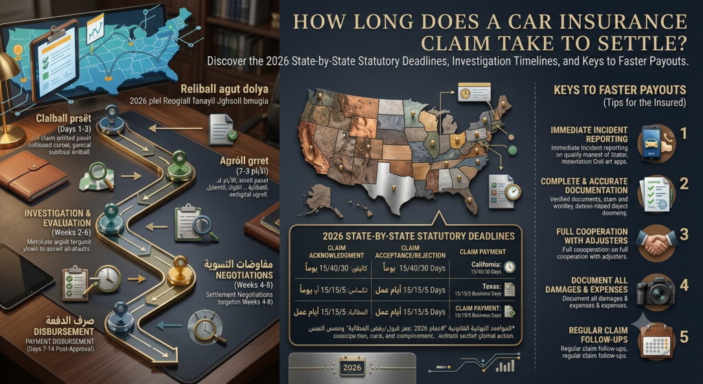 Current image: "How long does a car insurance claim take to settle? Discover the 2026 state-by-state statutory deadlines, investigation timelines, and keys to faster payouts."