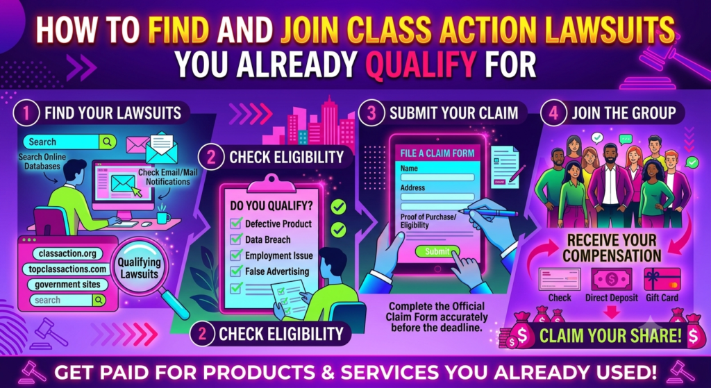 Current image: An extensive educational infographic in a retro-neon style with a dark purple, pink, green, and blue color palette, titled across the top in large text: “HOW TO FIND AND JOIN CLASS ACTION LAWSUITS YOU ALREADY QUALIFY FOR”. The text below says “GET PAID FOR PRODUCTS & SERVICES YOU ALREADY USED!”.